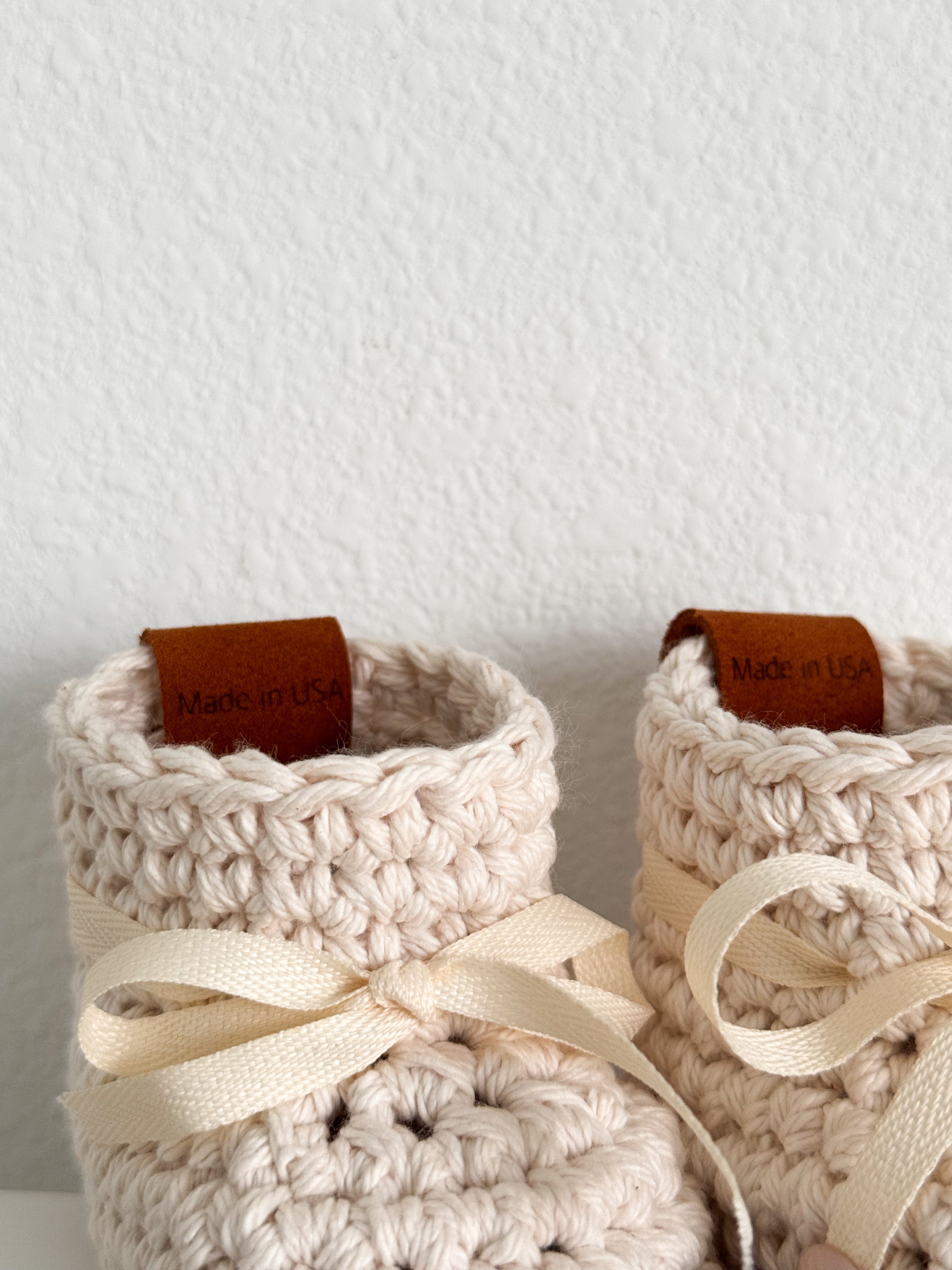 Handmade Baby Booties – Natural Cotton & Leather Sole (0–3M, Beige)