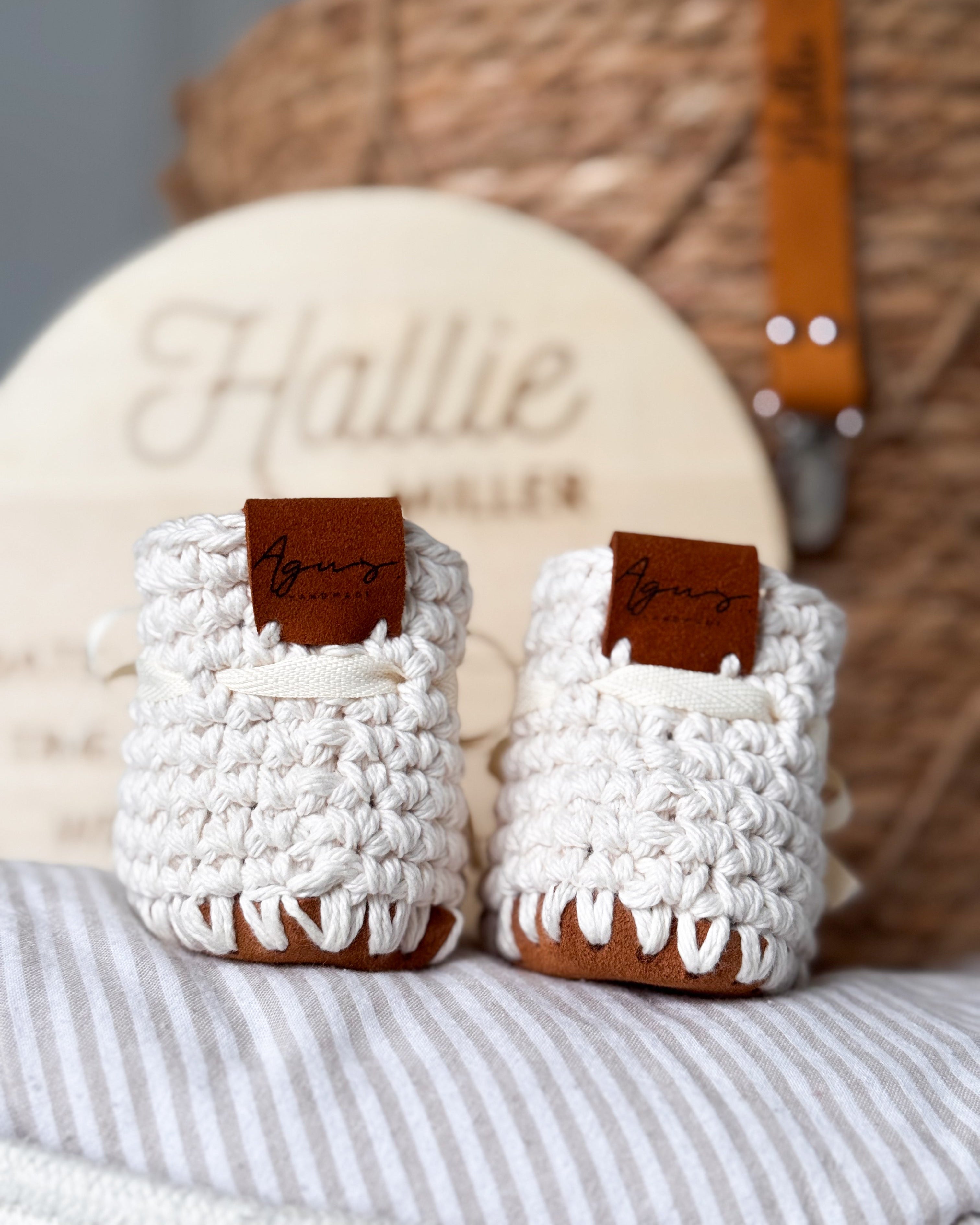 Handmade Baby Booties – Natural Cotton & Leather Sole (0–3M, Beige)