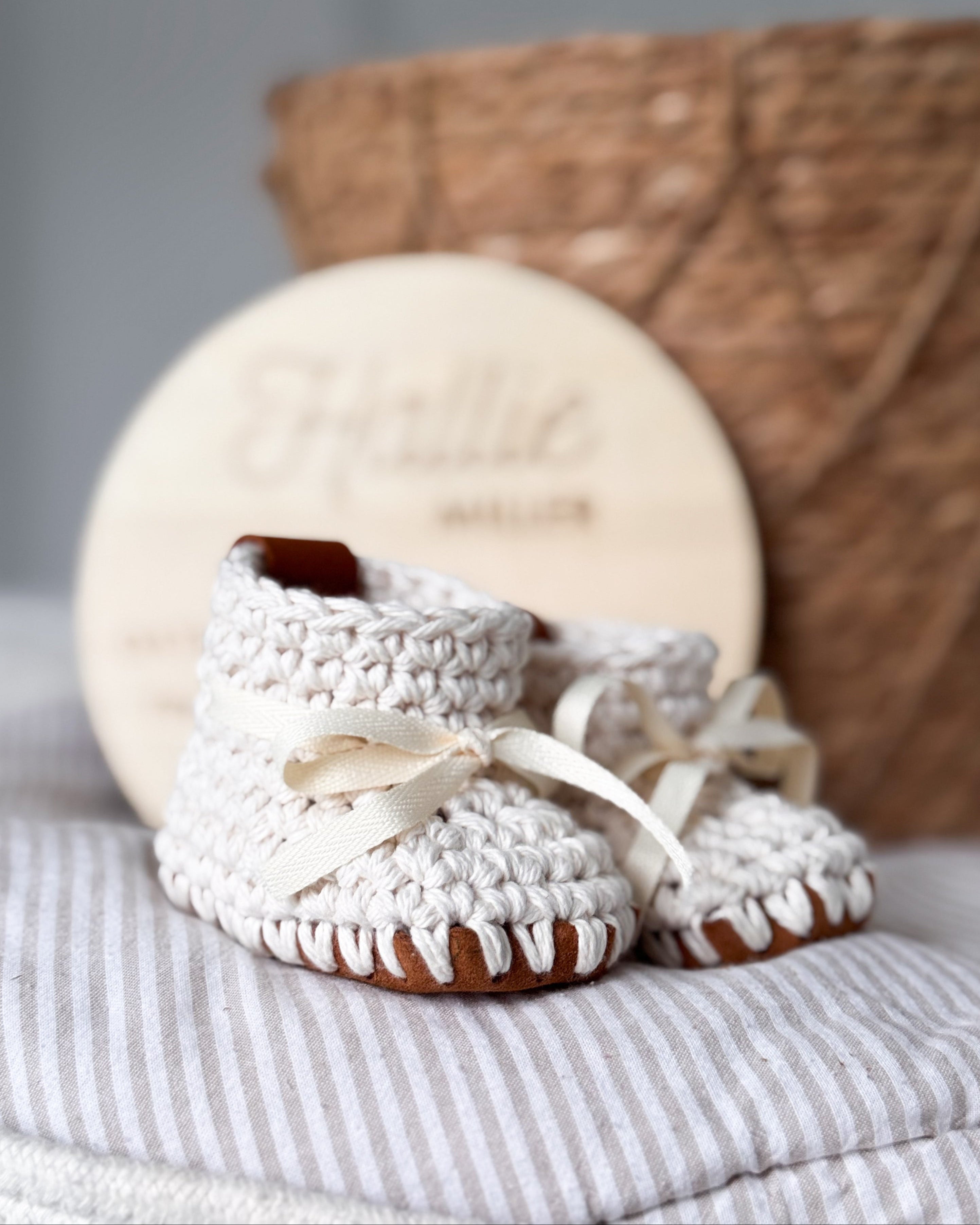 Handmade Baby Booties – Natural Cotton & Leather Sole (0–3M, Beige)