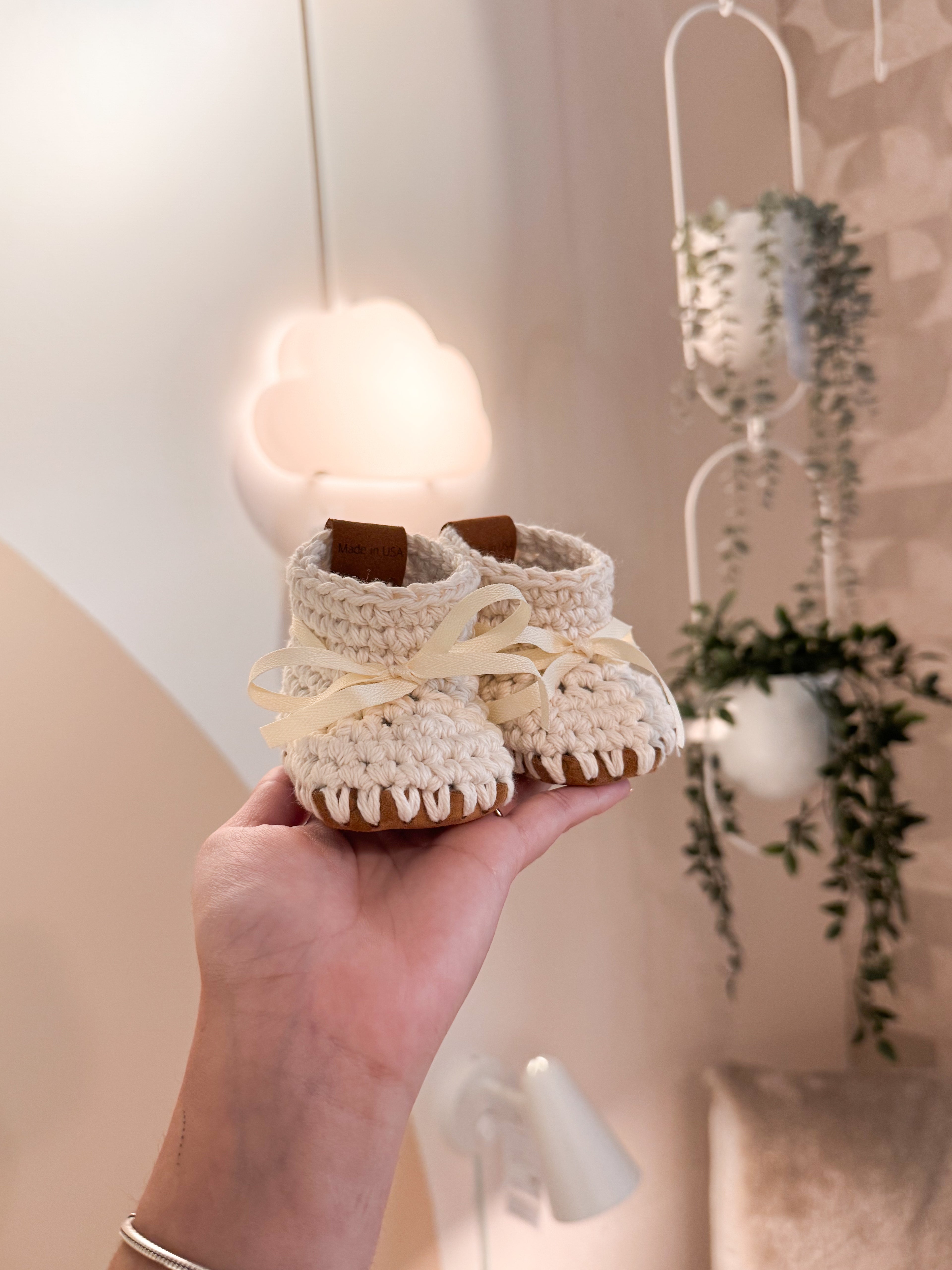 Handmade Baby Booties – Natural Cotton & Leather Sole (0–3M, Beige)