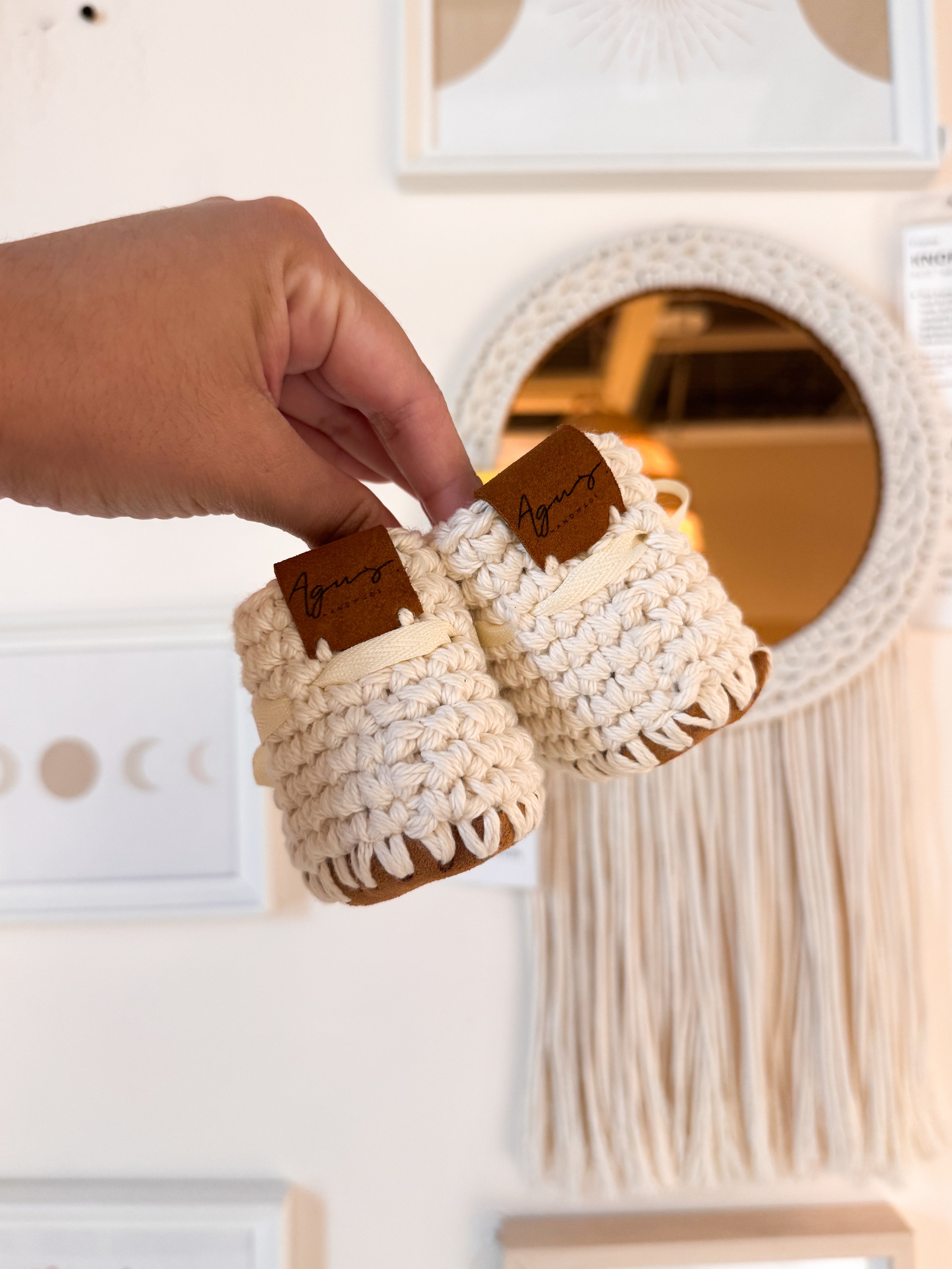 Handmade Baby Booties – Natural Cotton & Leather Sole (0–3M, Beige)
